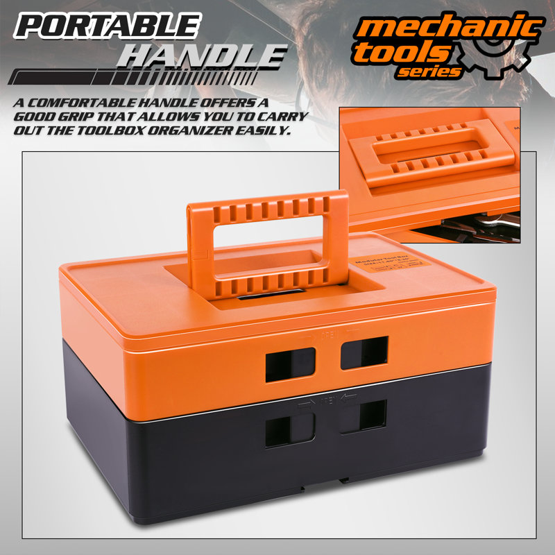 Boîte à outils en plastique 12 po, 2 compartiments empilables et verrouillables avec coffre pour atelier de garage, Orange