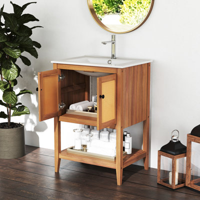24'' Bathroom Vanity w/ Sink 2 Rattan Doors & Open Slatted Shelf Freestanding