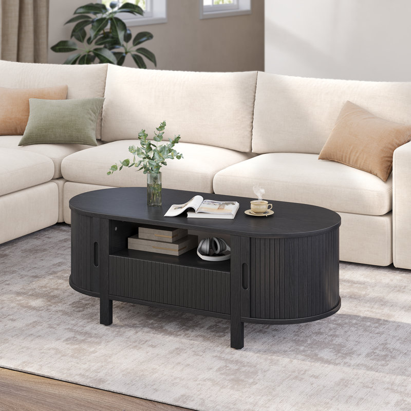 47.2'' Oval Coffee Table With Storage, Fluted Accent Center Table With Draw And Sliding Tambour Doors, Black