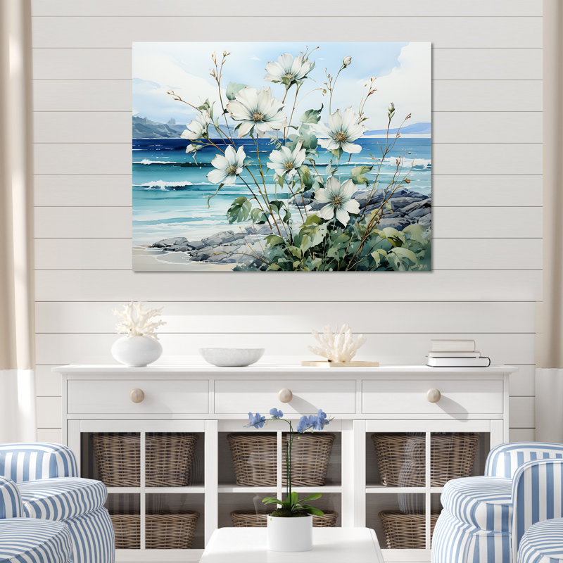 «Flower in Oceanic Calm Beach View II - Coastal Minimalisme», art mural, Toile tendue, H 12 po x l 20 po x P 1 po