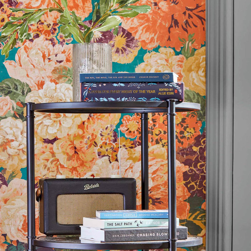 Very Rose and Peony Wallpaper, Kingfisher/Rowan Berry
