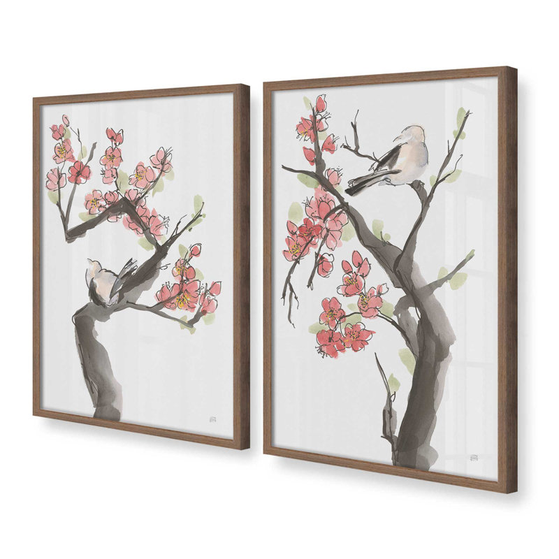 Ensemble de 2 estampes Quiet Spring Perch, 24 po x 18 po, Impression encadrée, Noyer
