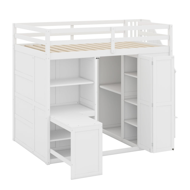 Lit mezzanine avec garde-robe, bureau et tablettes, Blanc