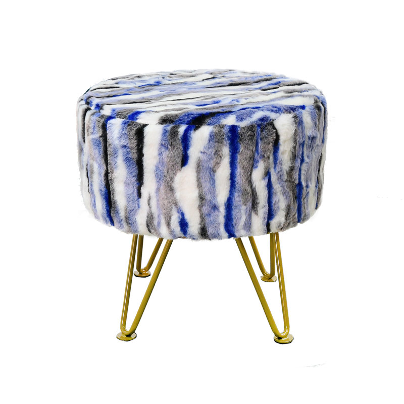 45.7cm Wide Round Abstract Standard Ottoman, Blue Faux Fur