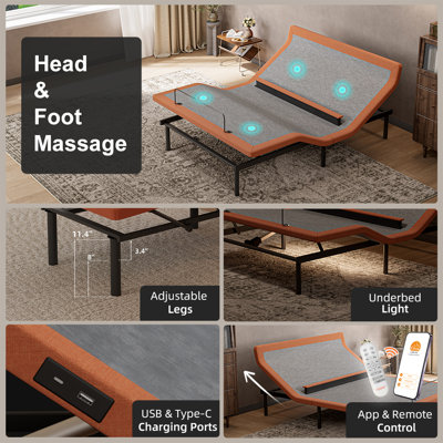 Adjustable Bed Frame Only, Head And Foot Lift, Lumbar Support, Head-Pillow-Tilt, Massage, Under-Bed Lights, USB & Type C Ports, Memory Positions, Zero Gravity, E6000 Series