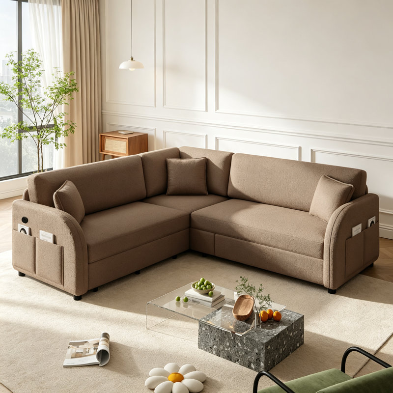 Canapé d'angle de 216 cm avec lit gigogne, convertible en lit, avec poche latérale et port USB, revêtement en polaire Sherpa pour salon et bureau