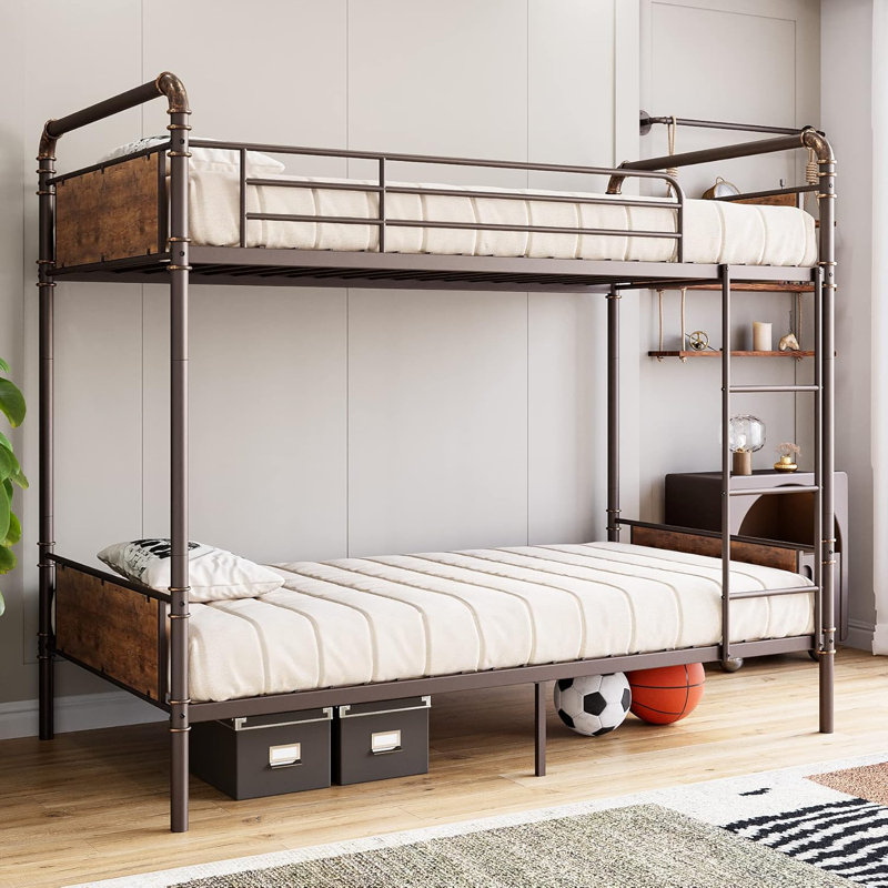 Heavy Duty Convertible Bunk Bed With Guardrail & Ladders, Brown
