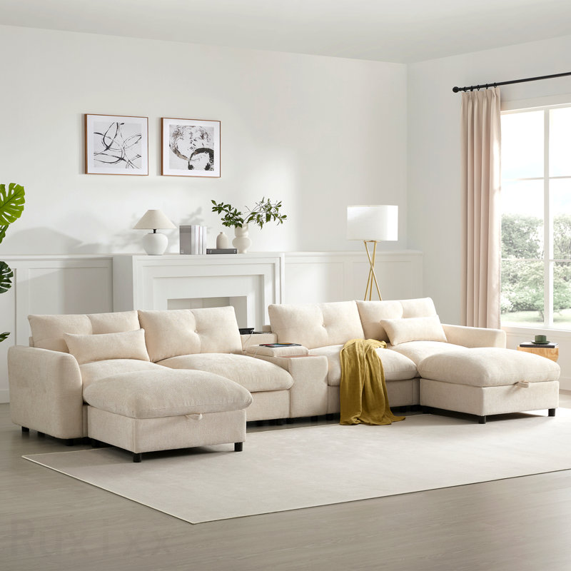 Canapé modulaire de 136 po avec console, porte-gobelet, chargeur USB, repose-pieds de rangement mobile, conception à tirette et capitonnée, canapé en chenille surdimensionné en U pour salon et appartement, 2 couleurs