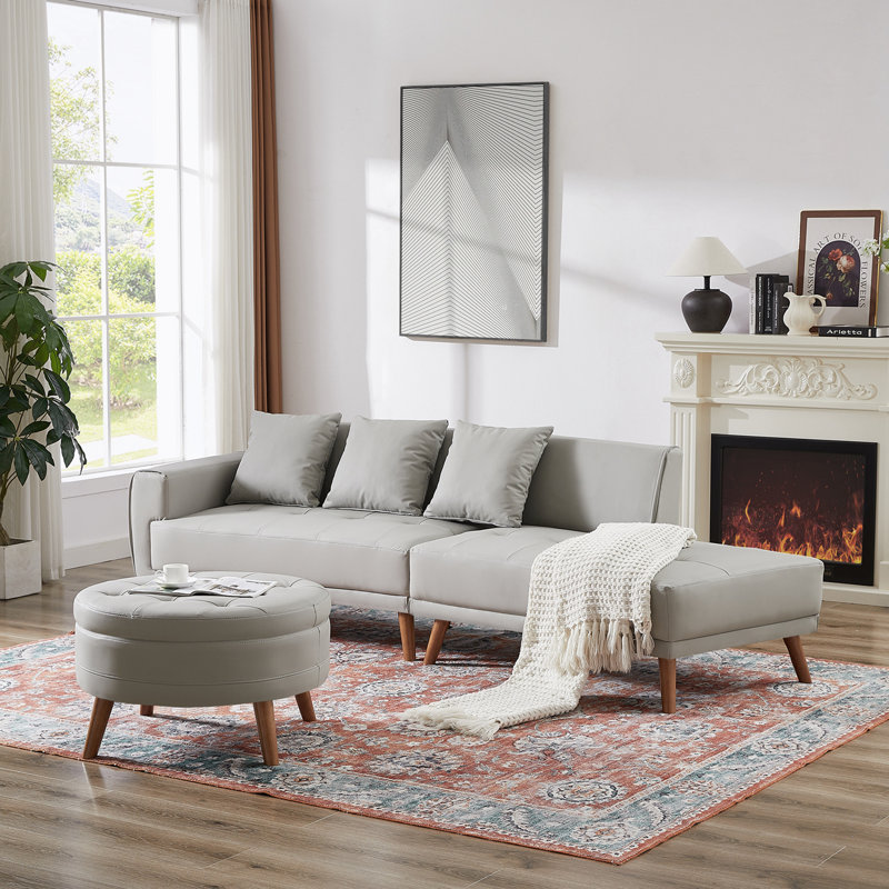 Canapé modulaire 2 pièces avec repose-pieds, Similicuir gris