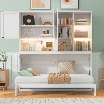 Twin Size Wall Murphy Bed With Top Cabinet, Shelves, Space-Saving Foldable Bed With Light & USB