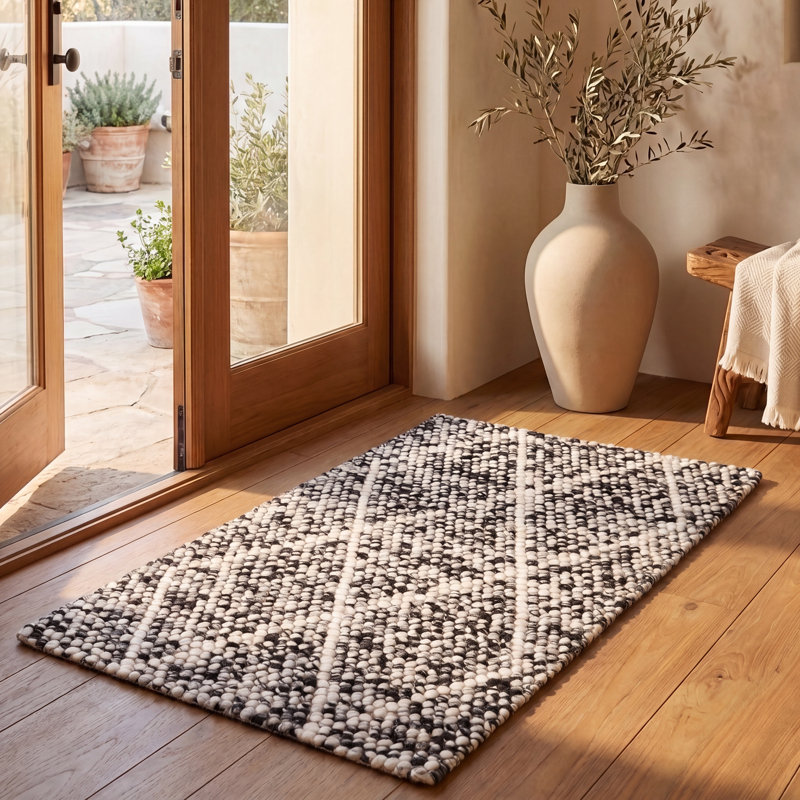 Tapis en laine / coton tissé à la main Russo en ivoire / noir, Rectangulaire 2 pi x 3 pi