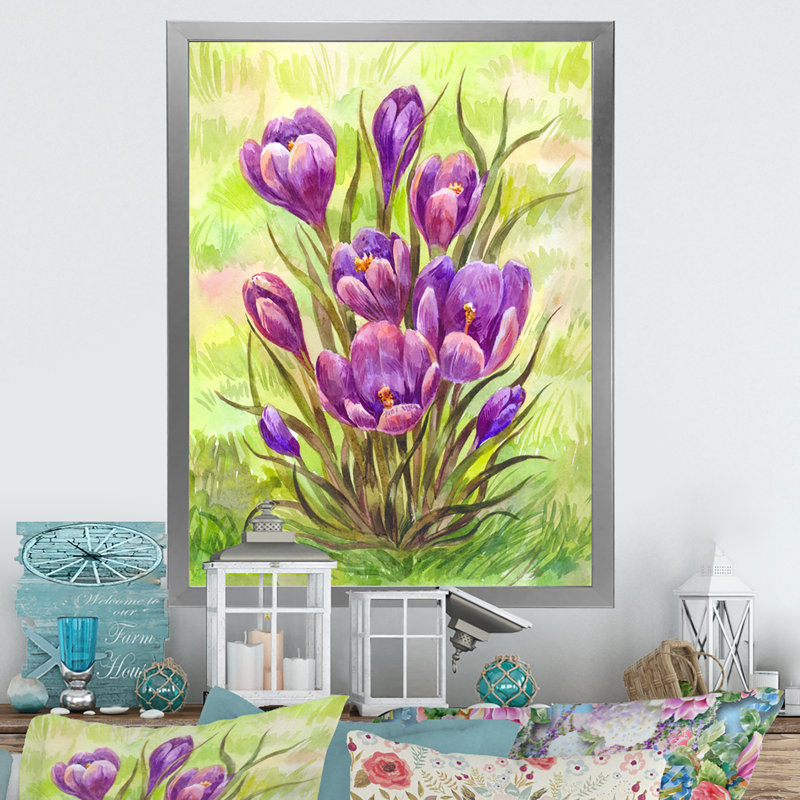Bouquet rétro fleurs mauves - œuvre d'art traditionnelle sur toile, Cadre photo argenté, H 36 po x l 24 po x P 1 po