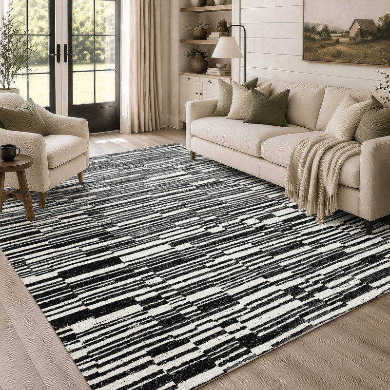 Machine Washable Indoor/Outdoor Chantille ACN2907 Striped Rug, 9' x 12', Black