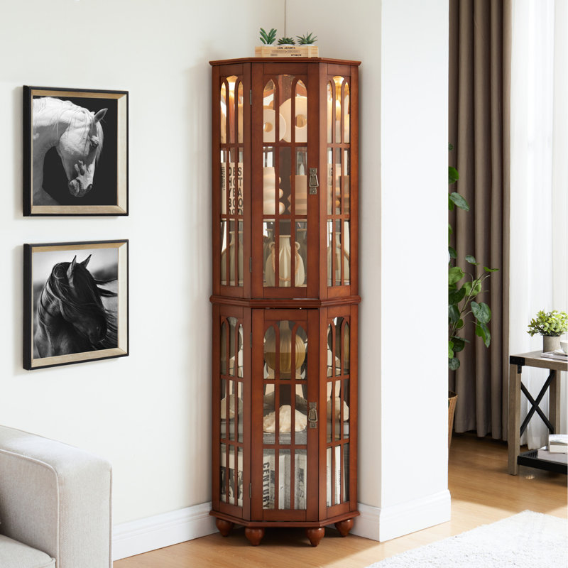 Vitrine d'angle en verre et verre avec 4 tablettes réglables, pieds en bois massif, finition noyer, Noyer