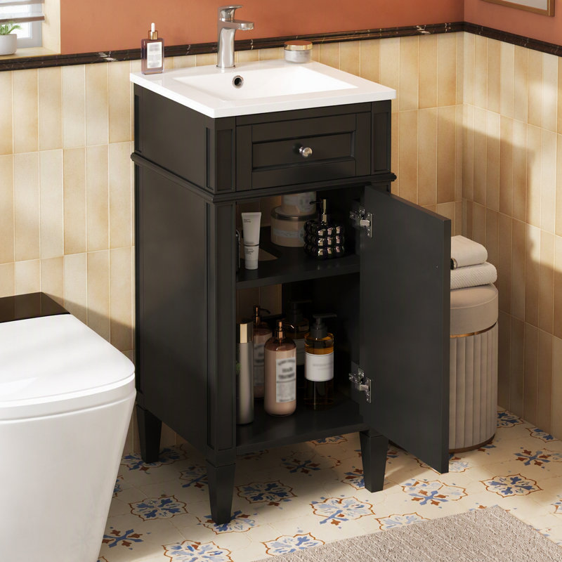 Ensemble de meuble-lavabo simple de 16 po avec lavabo en céramique, ensemble de meuble-lavabo autoportant avec porte à fermeture douce, tablette réglable, style français, pieds pleins, noir