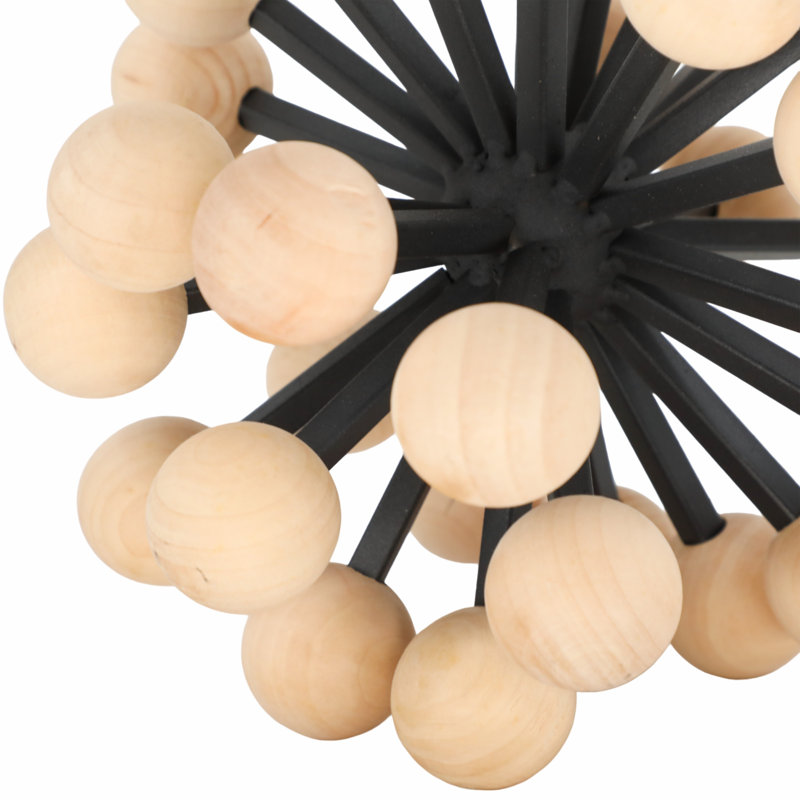 Decorative Orb Sculpture with Wood Fir Spheres and Iron Metal Spokes - Modern Accent Sphere with Geometric Atomic-Inspired Design for Artful Display or Centerpiece Decor