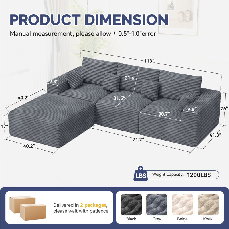 3 Seater Fabric Corner Sofa , Grey