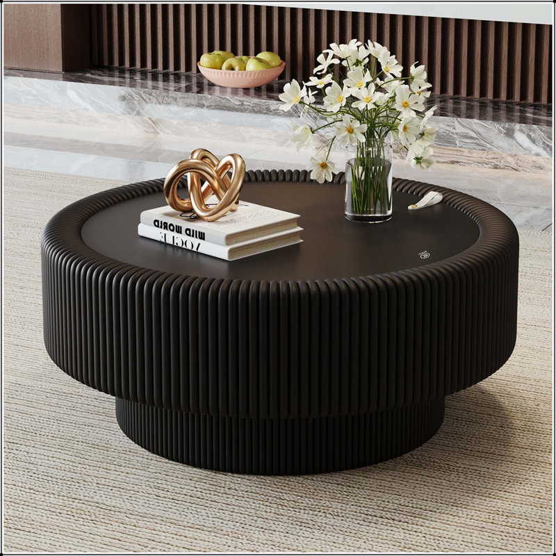 Table basse ronde avec rangement cannelé et plateau en verre trempé, 15.75" H x 31.5" W x 31.5" D, Black