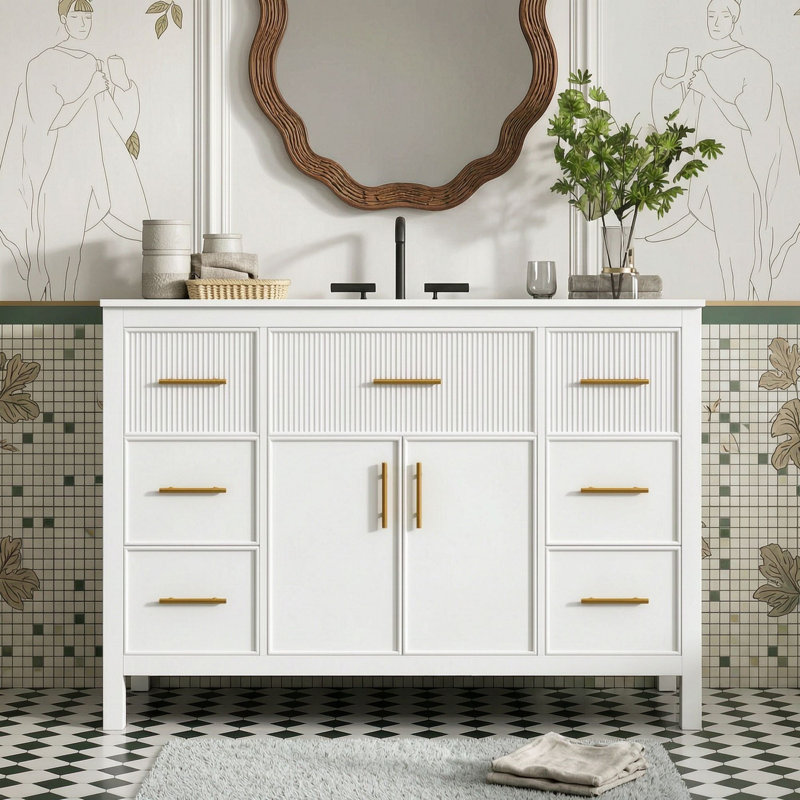 Freestanding Standard Free Standing Single Double Single Vanity Bathroom Vanity With Top, White