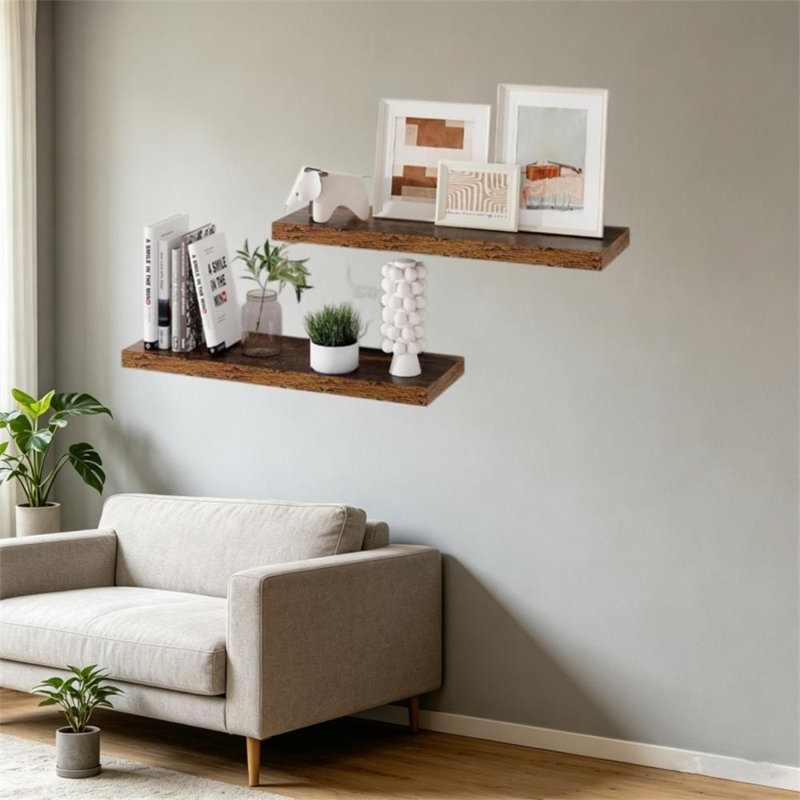 Deep Walnut Floating Wall Shelves - Set of 2, Brown