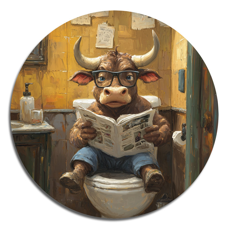 Mignon Buffalo lisant un journal dans la salle de bain - vache, art mural rond en métal, H 29 po x l 29 po
