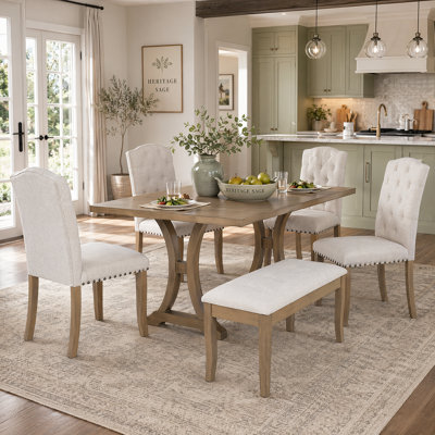 American-Style 6-Piece Dining Set - Solid Wood Trestle Table With Tufted Chairs & Linen Cushions