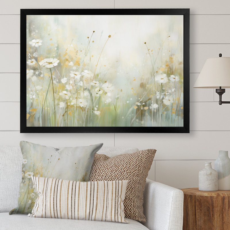 «Green Beige Serene Meadows II - Abstract Botanicals», art mural, H 30 po x l 40 po x P 1,5 po, Cadre simple noir