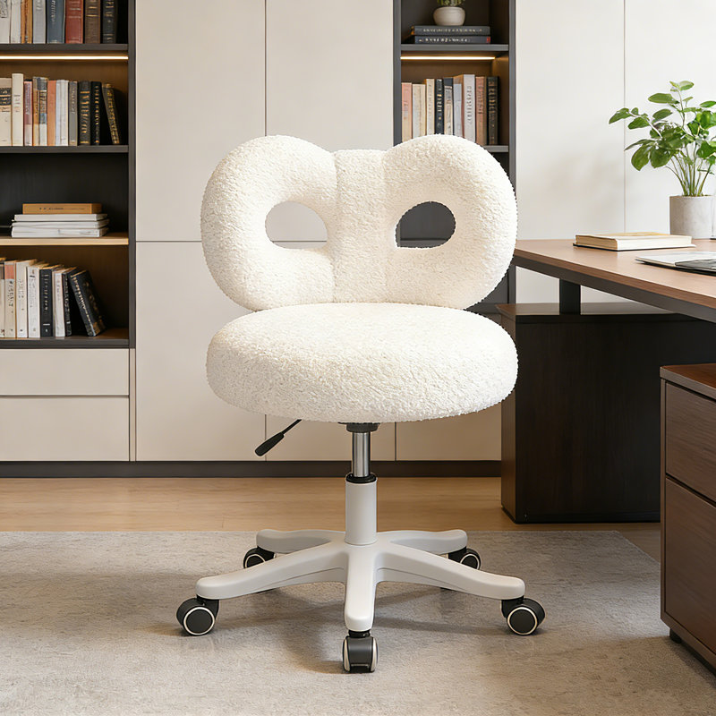 Fauteuil de coiffeuse pivotant à hauteur réglable, fauteuil de bureau rembourré en molleton blanc avec roulettes, joli tabouret roulant à dossier ergonomique moderne pour la chambre à coucher, la salle de maquillage, le bureau personnel