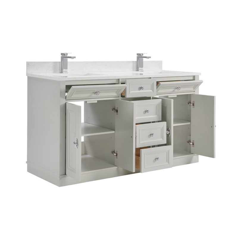 60" Solid Wood Sink Vanity With 1" Artificial Stone Top, Silver Strand, Polished Chrome