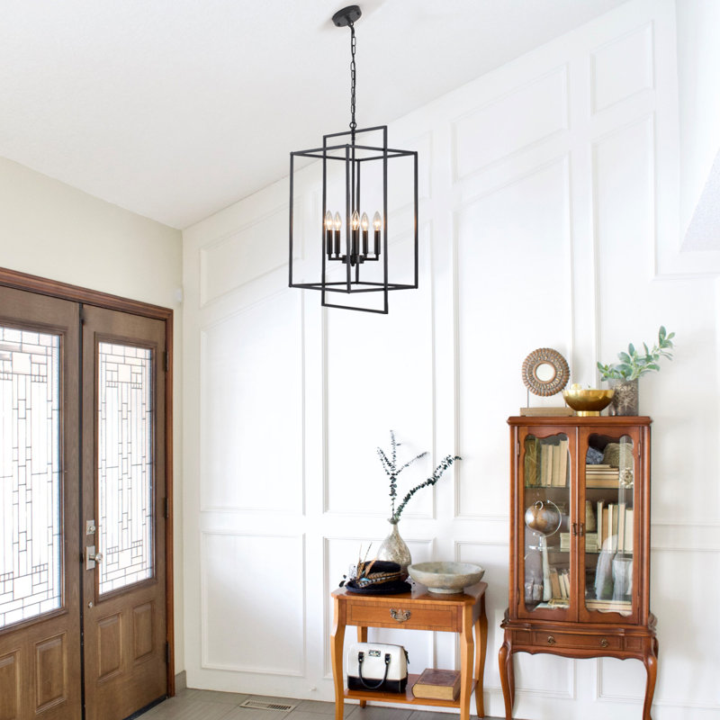 5 - Light Dimmable Lantern Square/Rectangle Chandelier, Matte Black