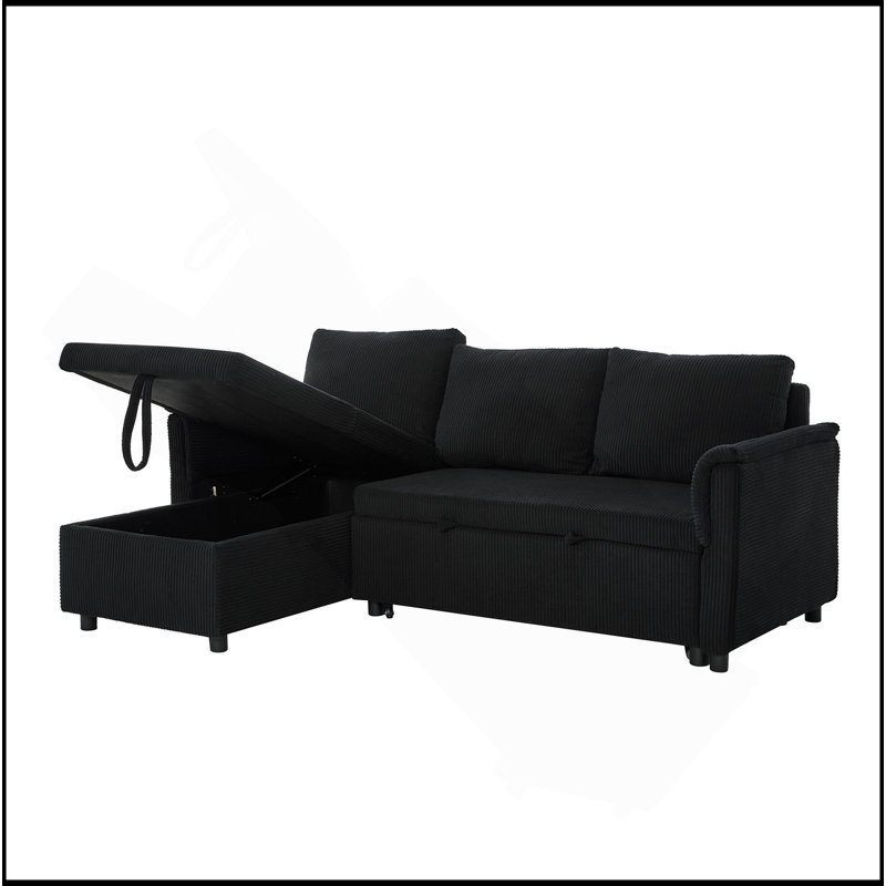 Canapé-causeuse avec méridienne et canapé-lit modulaire en L avec méridienne et rangement, Noir