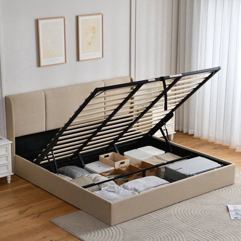 Juanetta Hydraulic Lift Up Storage Wingback Upholstered Platform Bed, King, Beige