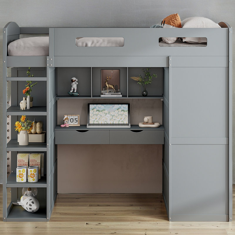 Lit mezzanine avec bureau et garde-robes, Gris