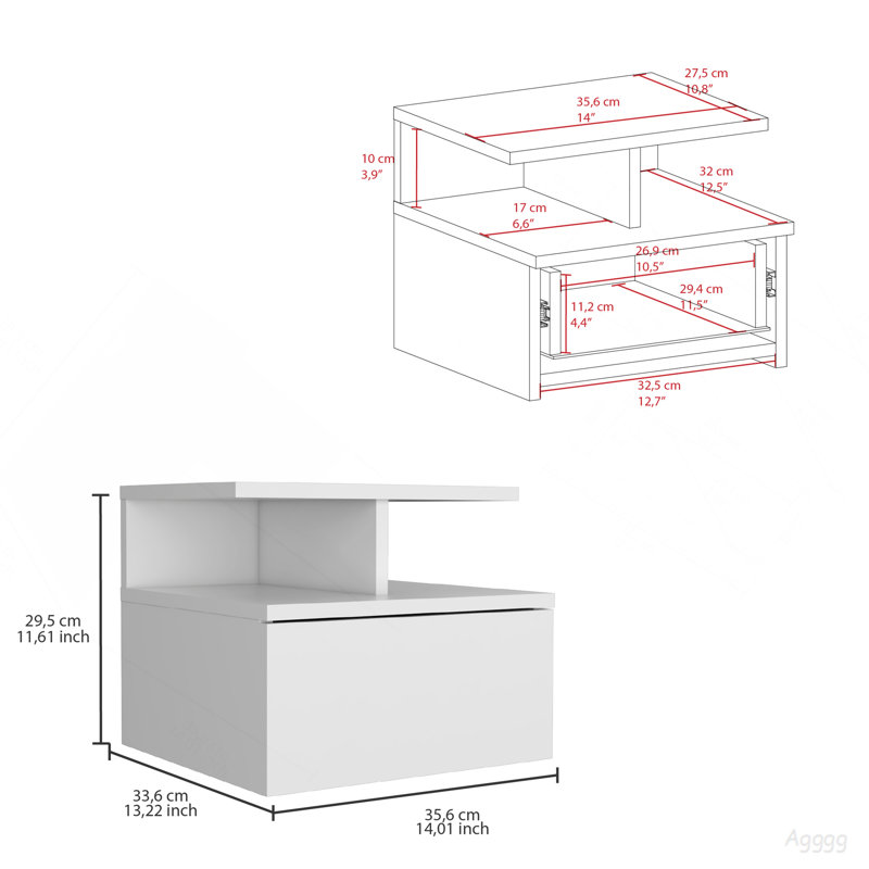 Adele Floating Nightstand , End Table, Side Table Drawer, Open Top Shelves -White, White
