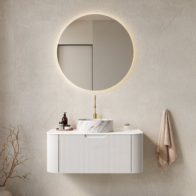 Meuble-lavabo suspendu de 91 cm (36 po), armoire en contreplaqué blanc à rayures 3D, lavabo rond en céramique de haute qualité, comptoir en pierre frittée, préassemblé, système de tiroirs à fermeture amortie