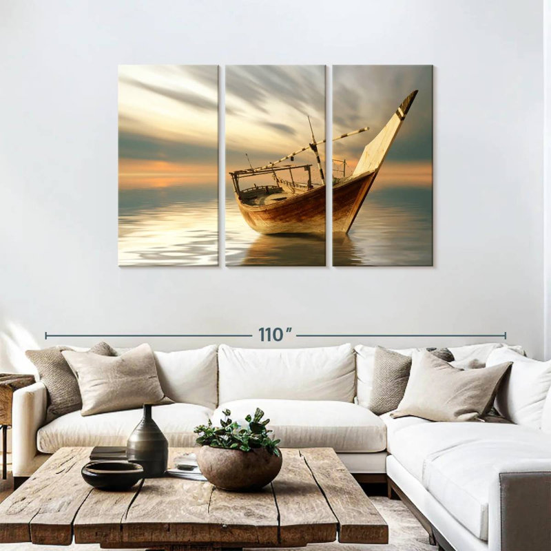 Bateau Mehar au coucher du soleil, H 48 po x l 74 po