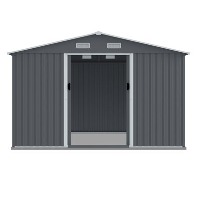 Remise de rangement extérieure en métal 8 x 10 pi avec portes coulissantes et évent pour jardin, patio, boîtes de rangement pour la pelouse, outils et cour arrière de toit incliné gris 8 x 10, meubles de patio