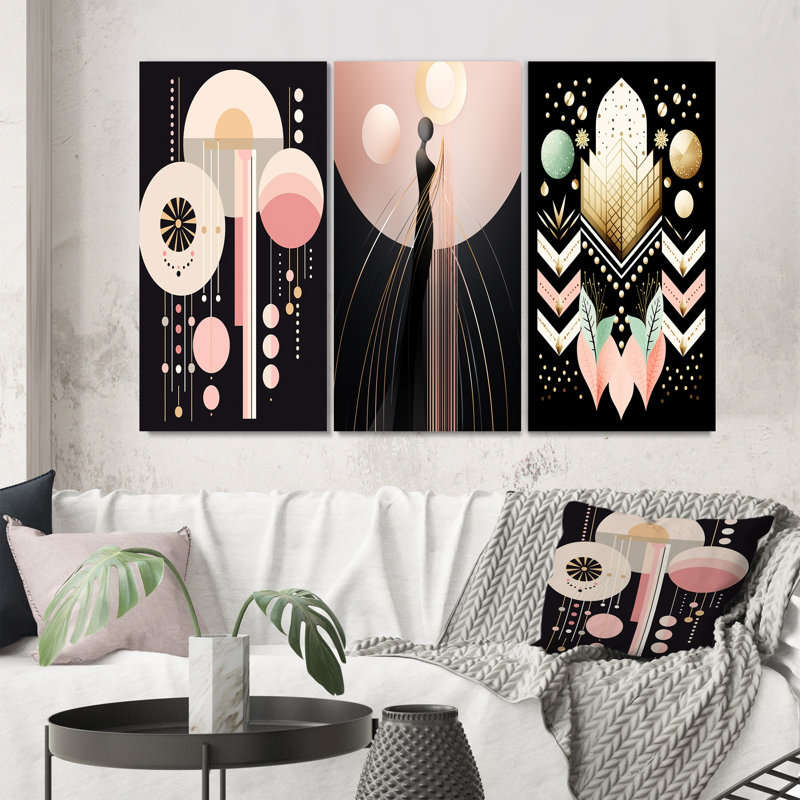Boho Chic Abstract Geometric Illustration - Ensemble de 3 pièces sur toile, Toile tendue, H 40 po x l 60 po