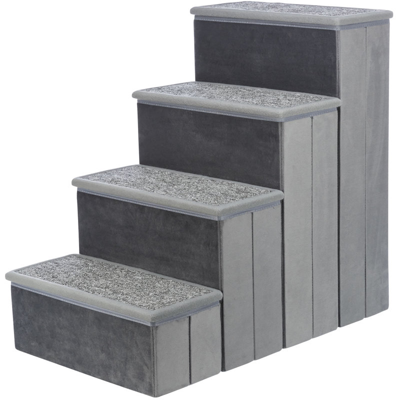 Gray Velour Foldable 4-Step Pet Stairs with Storage