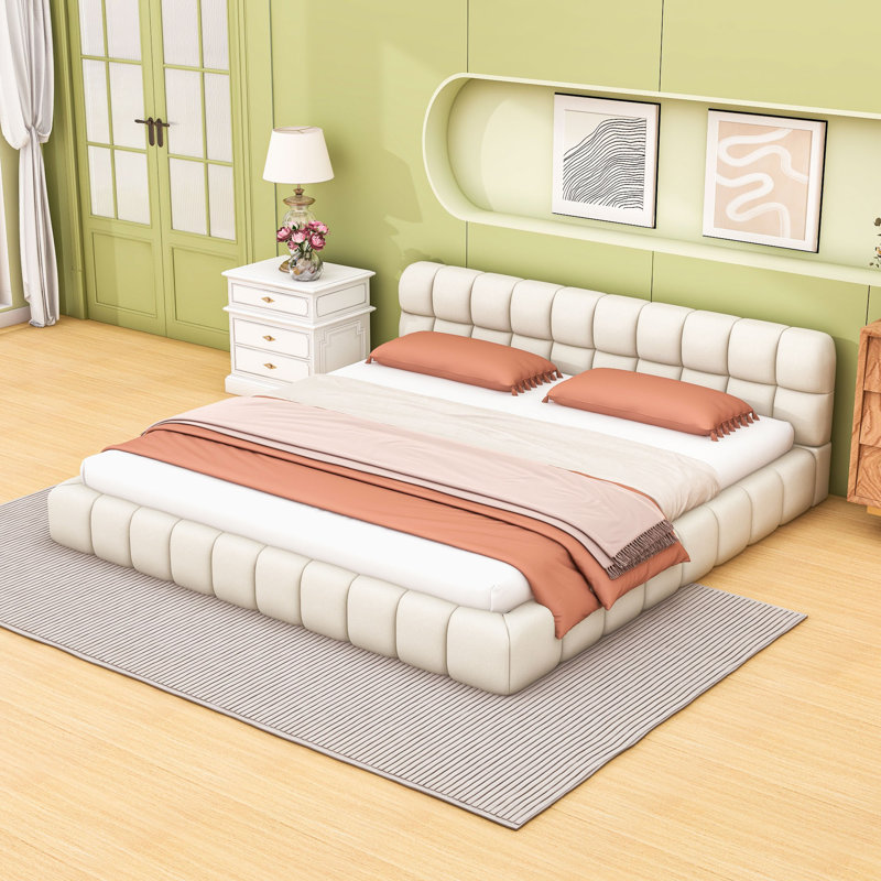 Lit plateforme tapissier avec tête de lit élégante, Beige