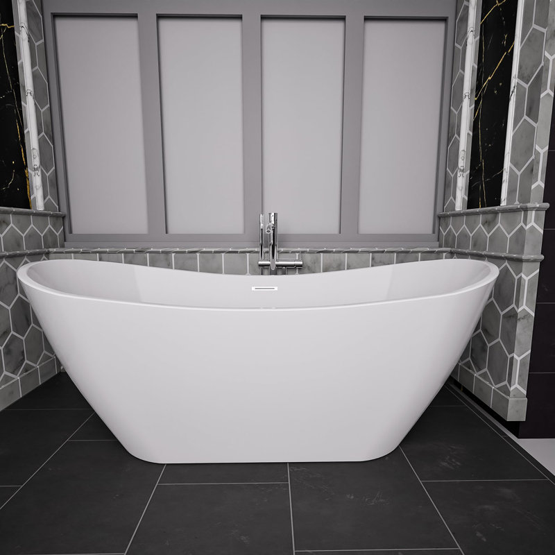 Baignoire de trempage autoportante 67 po en acrylique avec finition blanche brillante, forme ovale