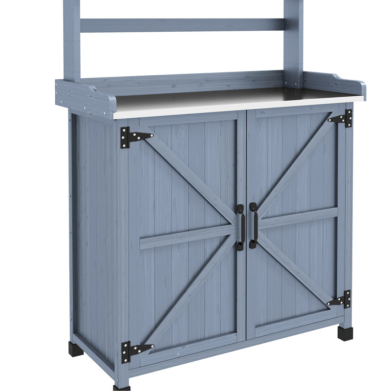 Banc de rempotage gris avec rangement, surface en acier galvanisé, pour plan de travail extérieur, en bois, stable