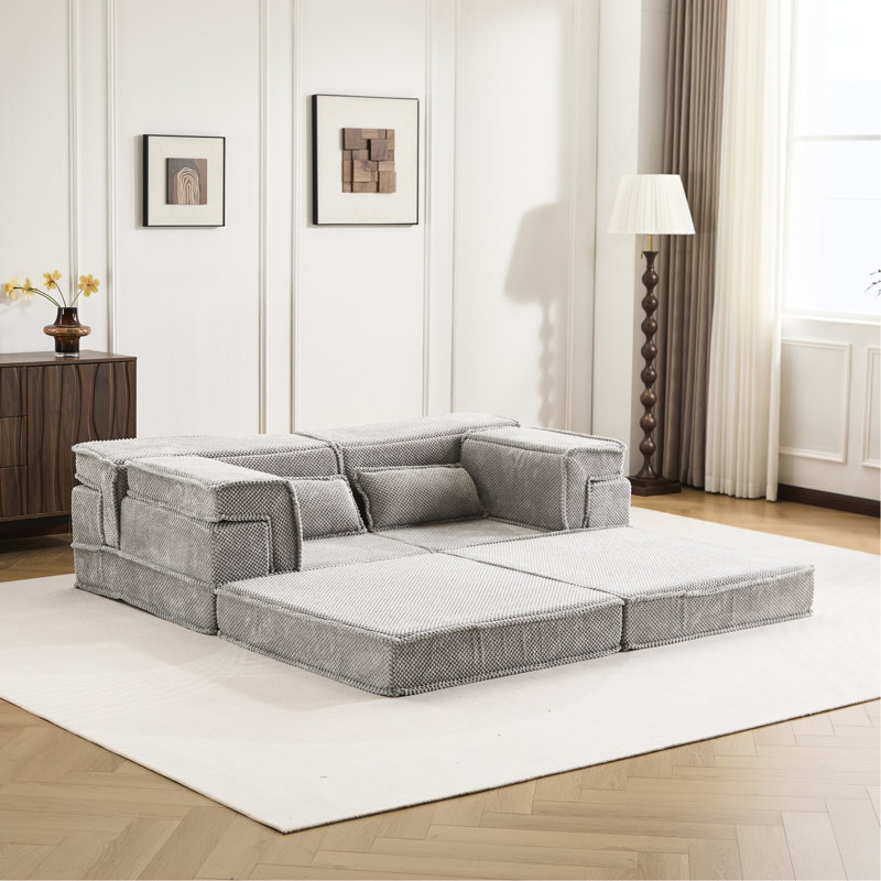 Canapé d'angle modulaire convertible Mahjong gris, revêtement polaire circulaire, mousse à mémoire de forme haute résilience, 2 places, sans assemblage, adaptable à différents espaces grâce à sa conception à compression, revêtement gris, densité