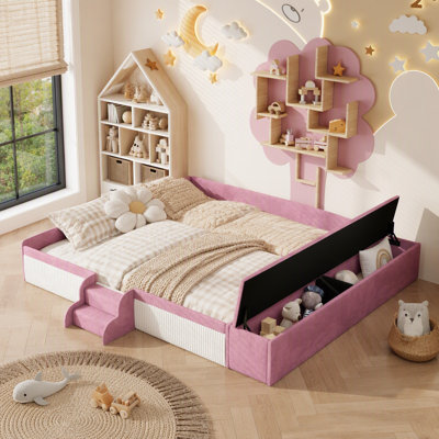 Velvet Upholstered Daybed with Stairs, Padded Guardrails & Gas Lift Storage Ottoman, Modern Contrast Design Kids Bedroom Furniture