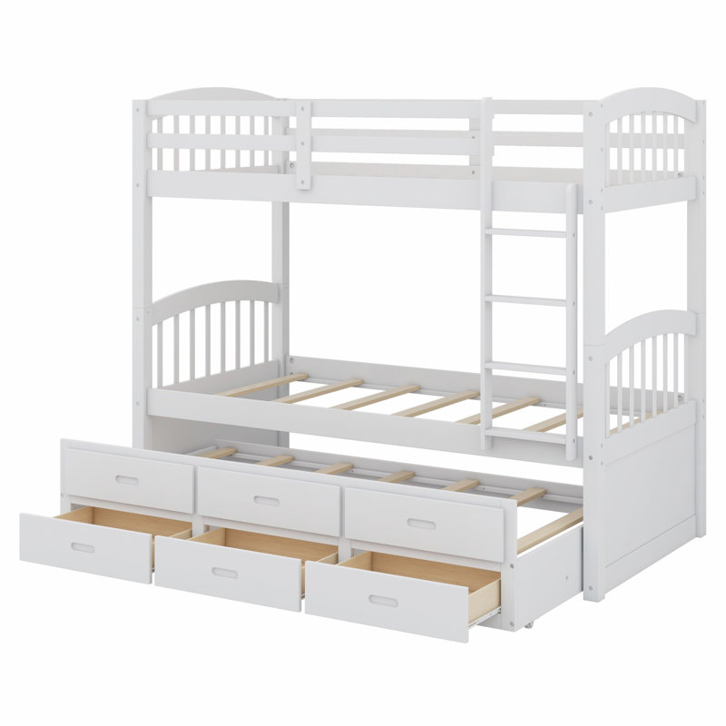 Wood Bunk Bed With Trundle And Drawers, White