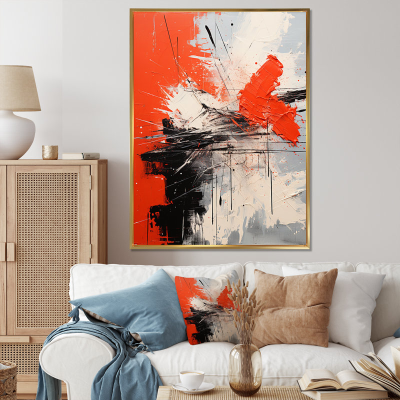 «Red and White Chaos Unleashed I - Abstract Collages», art mural, Cadre flottant doré, H 32 po x l 24 po x P 1 po