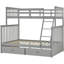Lit simple superposé au dessus d'un lit double avec tiroirs de rangement, lit superposé en bois avec échelle et garde-corps gris-832674282