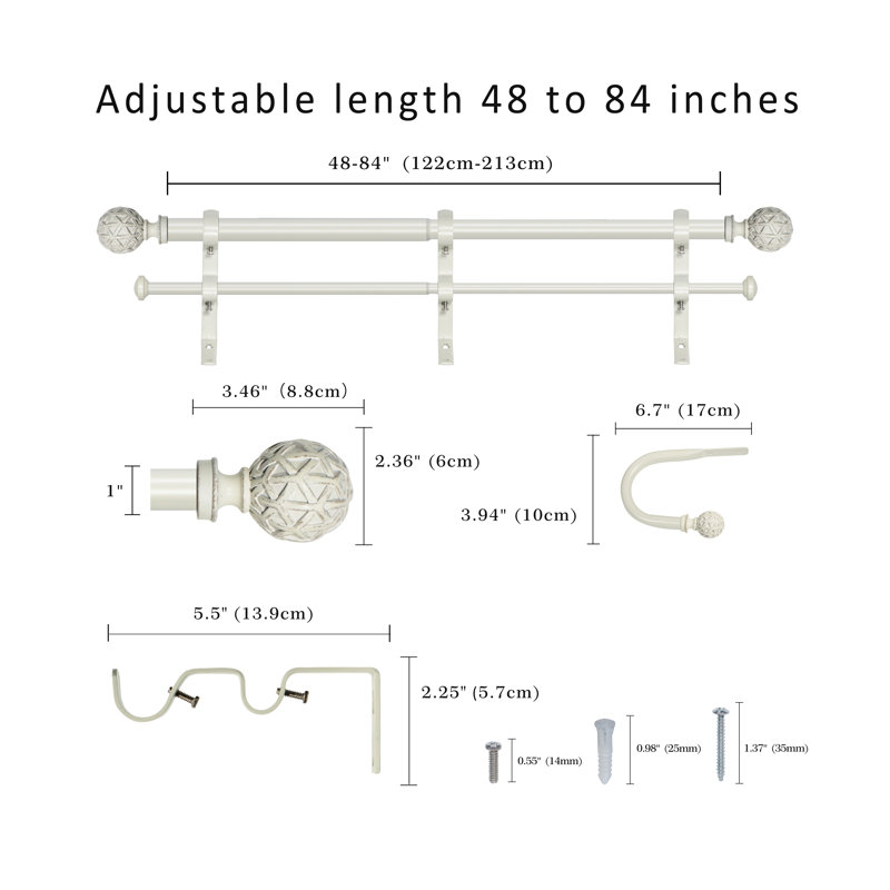 Tringle à rideaux double ajustable Devingo, 48” – 84”, Blanc patiné