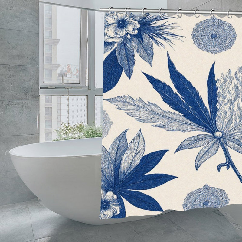 Rideaux de douche indigo à croquis botaniques, 71 x 71, Rétro bleu