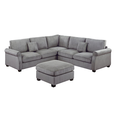 4Pc Sectional Set Matching Pillow Cocktail Ottoman Corner Wedge Right And Left Arm Loveseat Corduroy Upholstered Fog Finish Primary Living Room